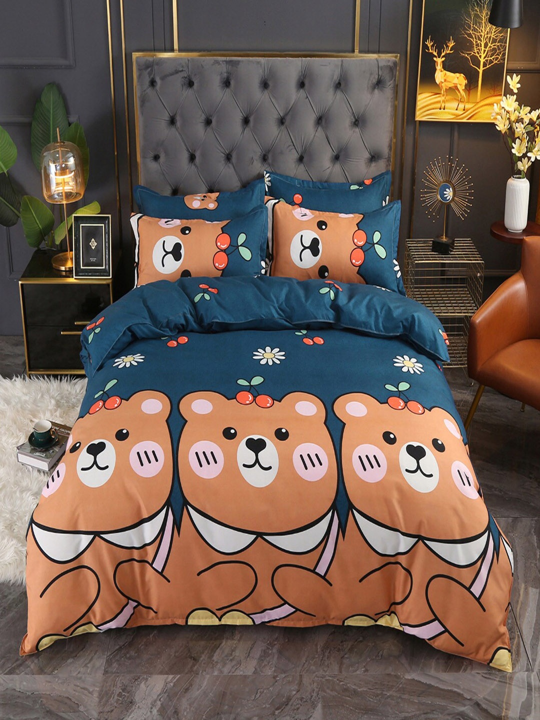 

JC HOME Brown & Blue Printed Single Bedding Set