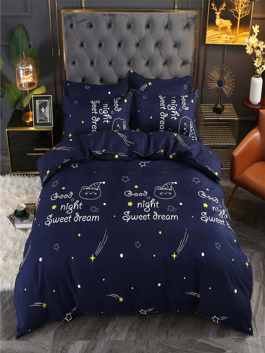 

JC HOME Navy Blue & White Printed Double Queen Bedding Set