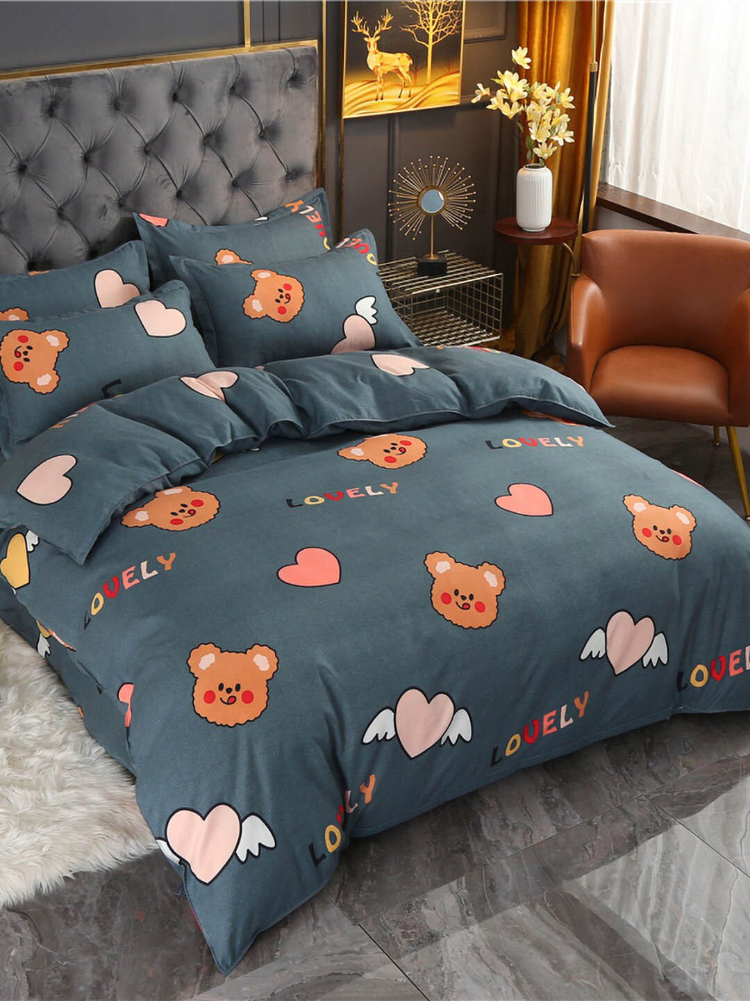 

JC Collection Grey & Brown Printed Double King Bedding Set