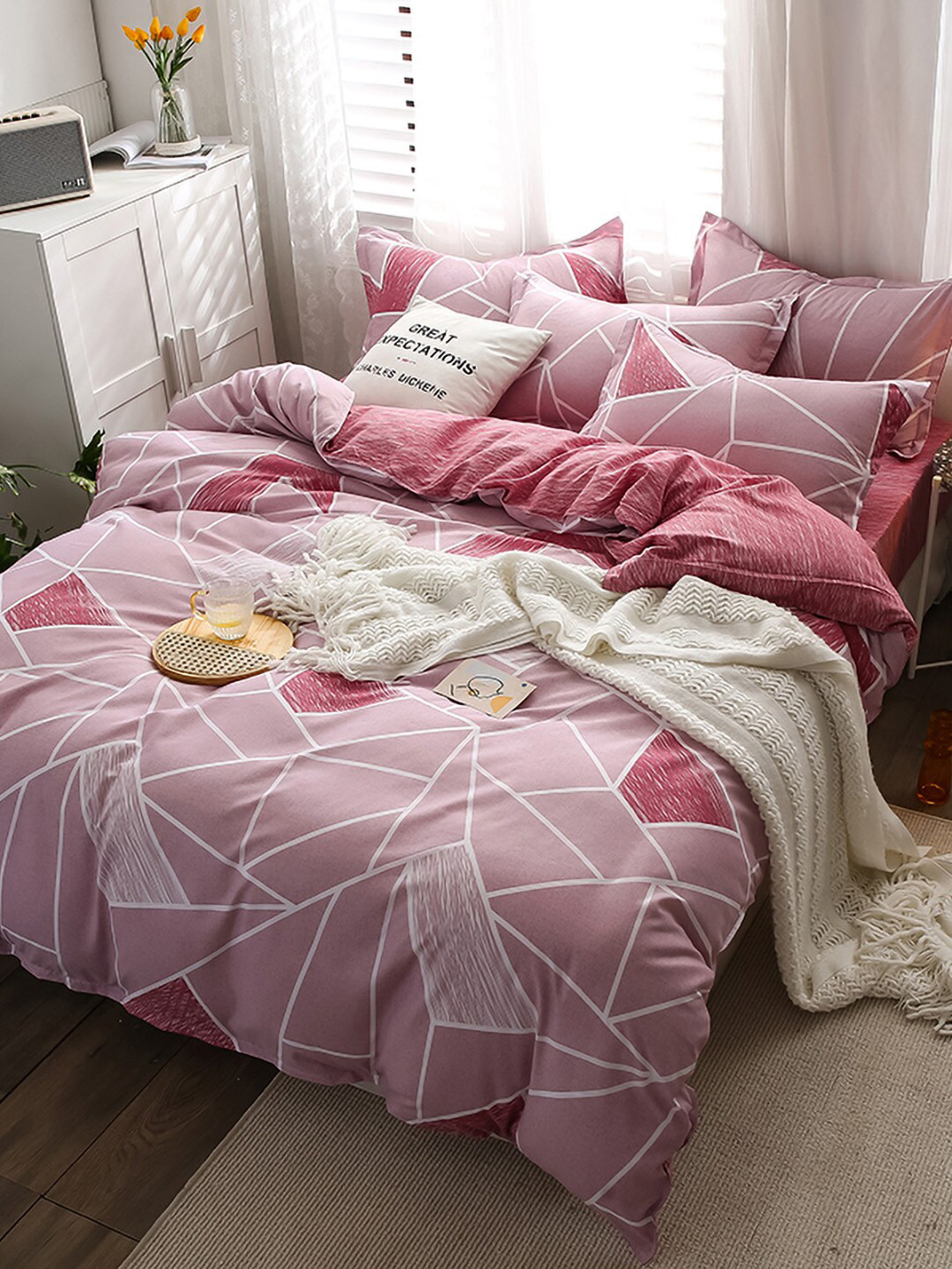 

JC Collection Pink & Red Printed Double King Bedding Set