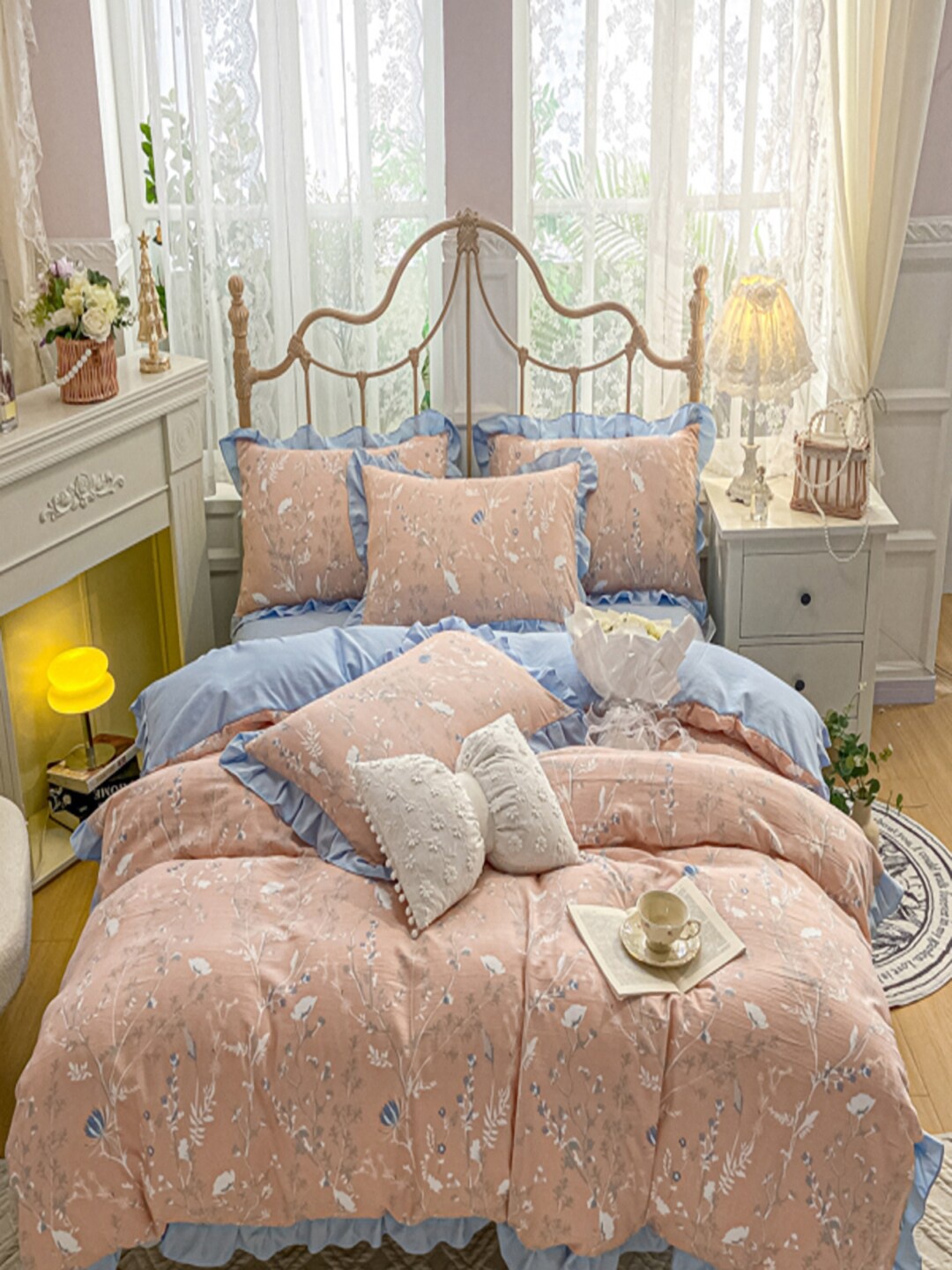 

JC Collection Blue & Peach Colored Printed Double King Bedding Set