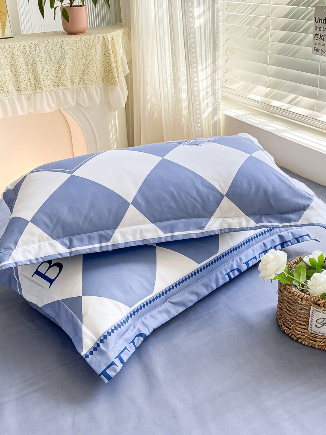 

JC HOME Grey & Blue Printed Double XL Bedding Set