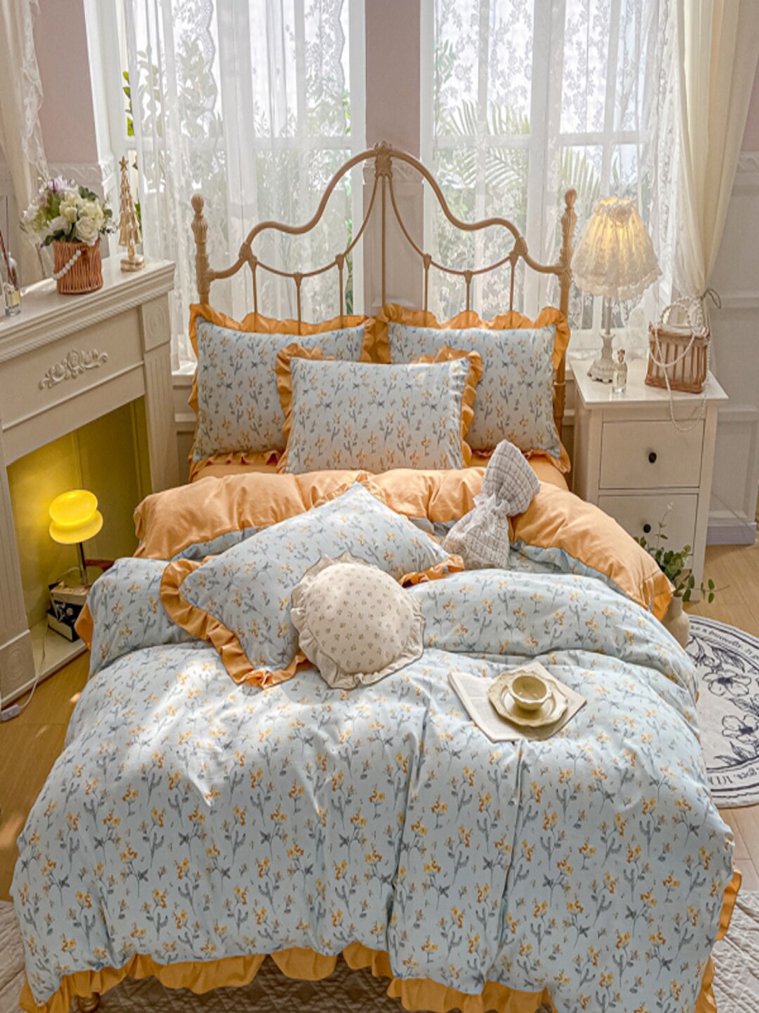 

JC HOME Orange Colored & Blue Floral Printed Double King Bedding Set