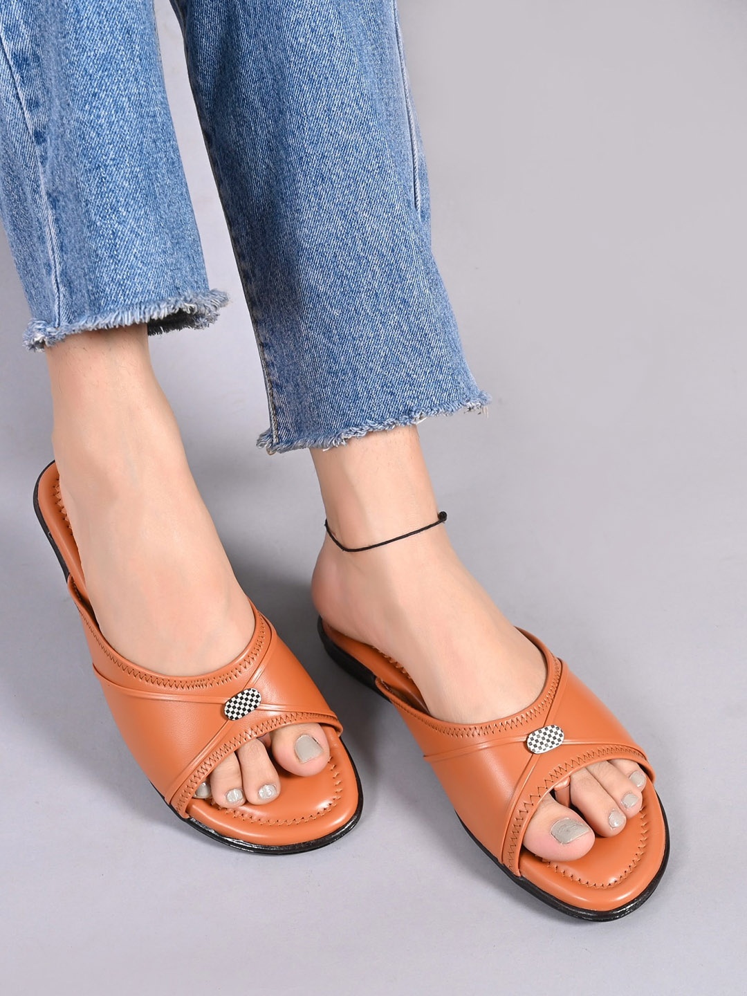 

Myra Buckled Strap Cushioned Open Toe Flats, Tan