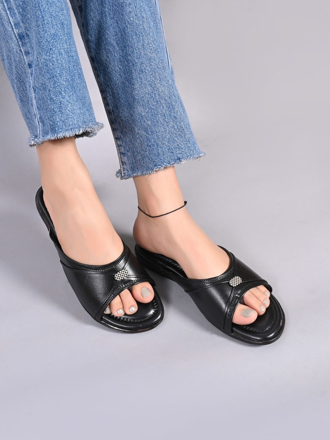

Myra Buckled Strap Cushioned Open Toe Flats, Black