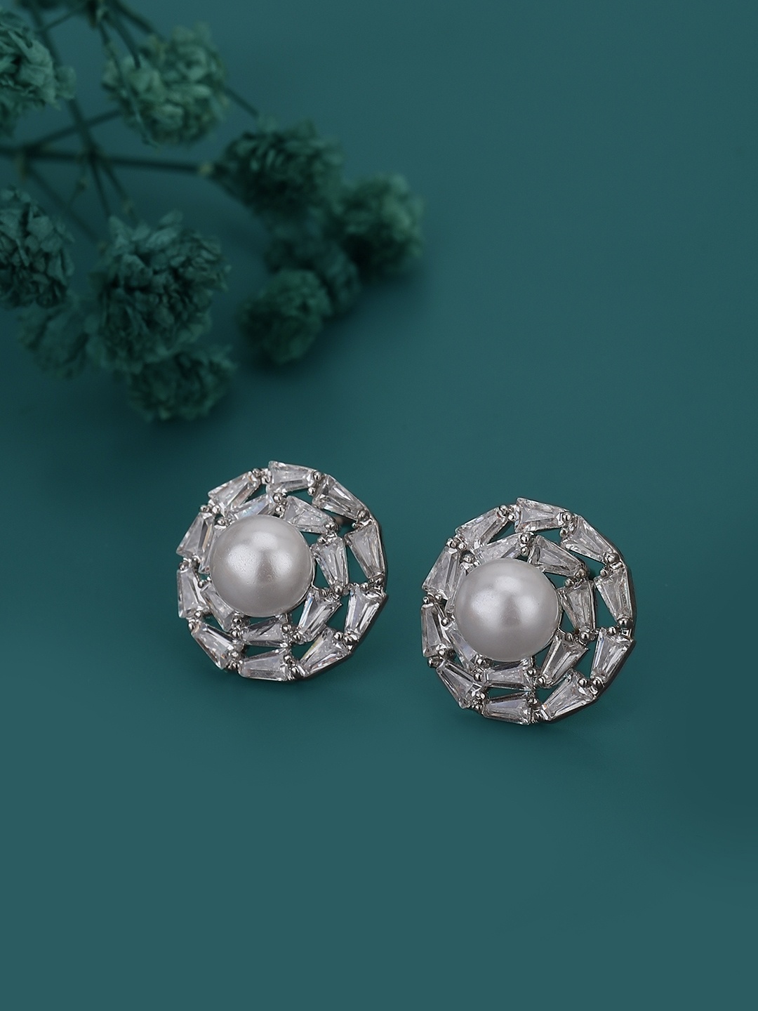 

Carlton London Silver-Toned & White Circular Studs Earrings
