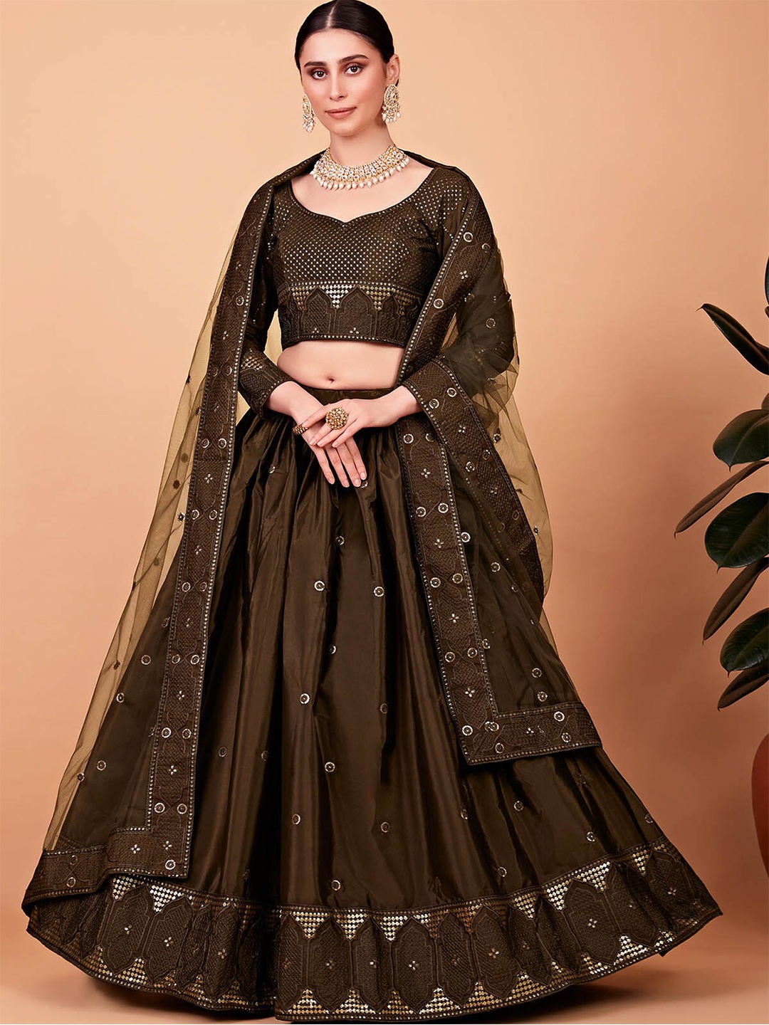 

ODETTE Embroidered Sequinned Semi-Stitched Lehenga Choli With Dupatta, Olive