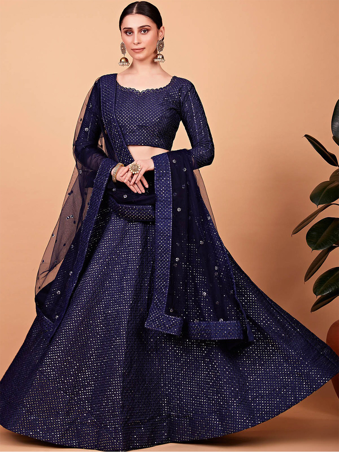 

ODETTE Embellished Sequinned Semi-Stitched Lehenga & Blouse With Dupatta, Navy blue