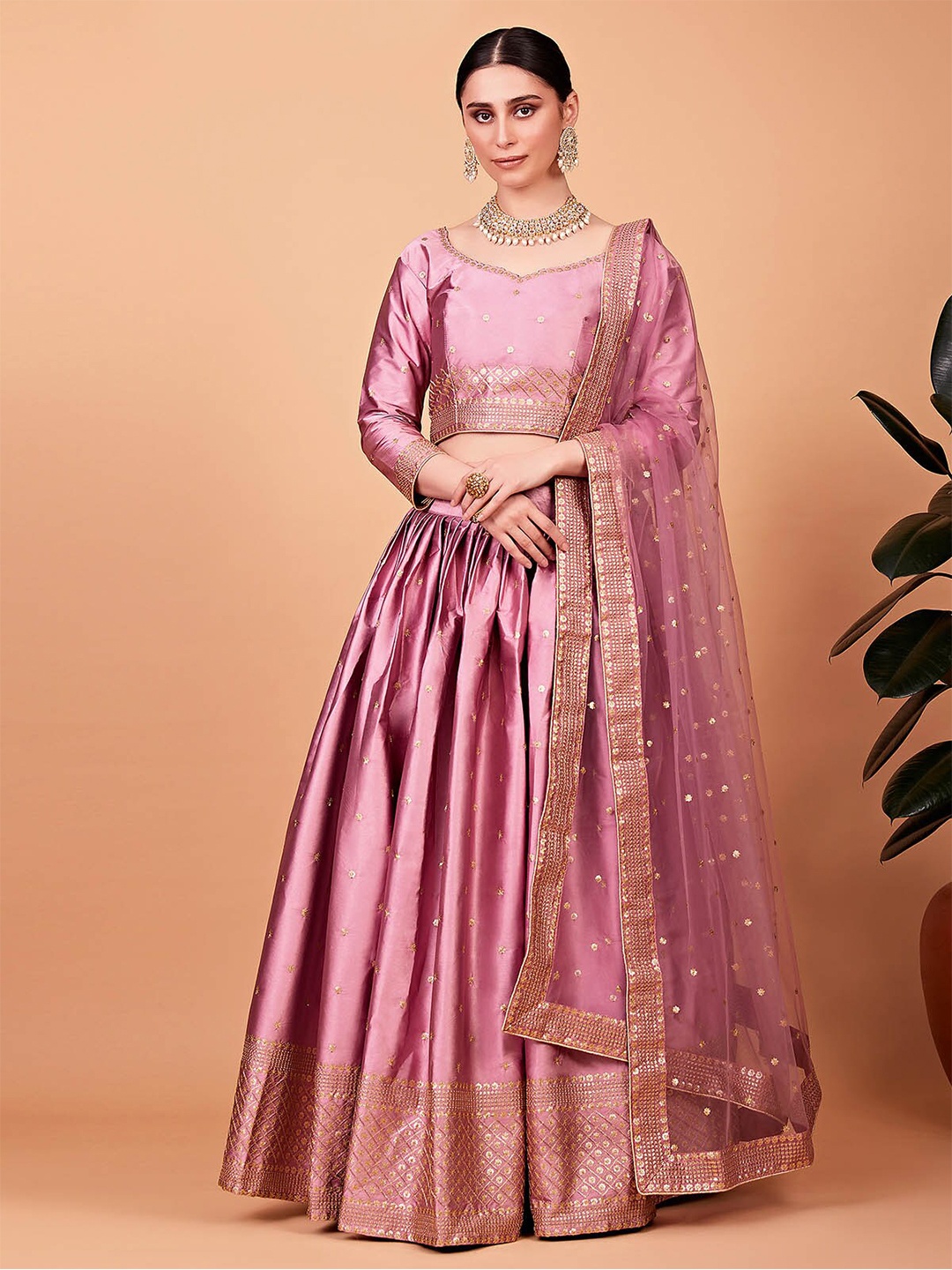 

ODETTE Embroidered Semi-Stitched Lehenga & Blouse With Dupatta, Pink