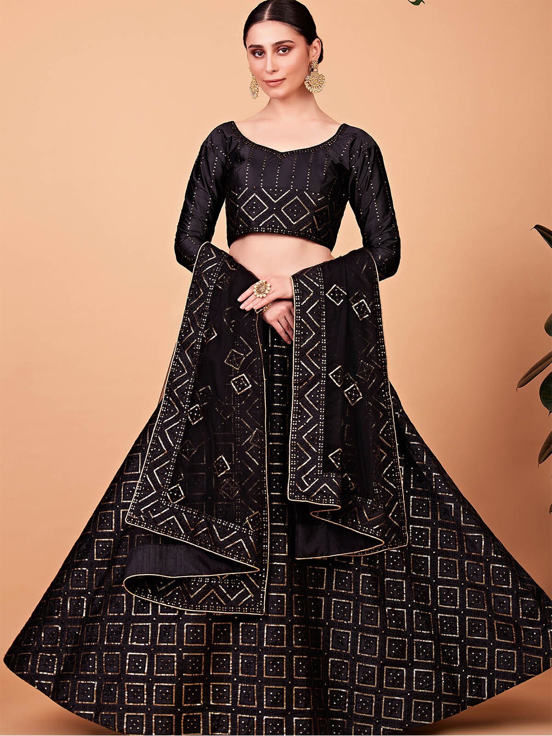 

ODETTE Embellished Sequinned Semi-Stitched Lehenga & Blouse With Dupatta, Black
