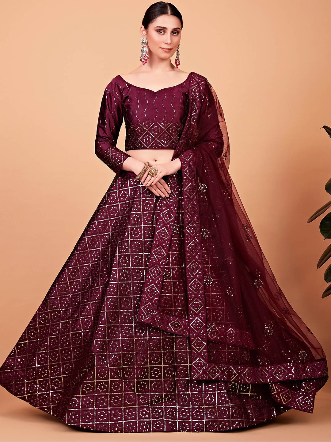 

ODETTE Embroidered Sequinned Semi-Stitched Lehenga & Blouse With Dupatta, Maroon