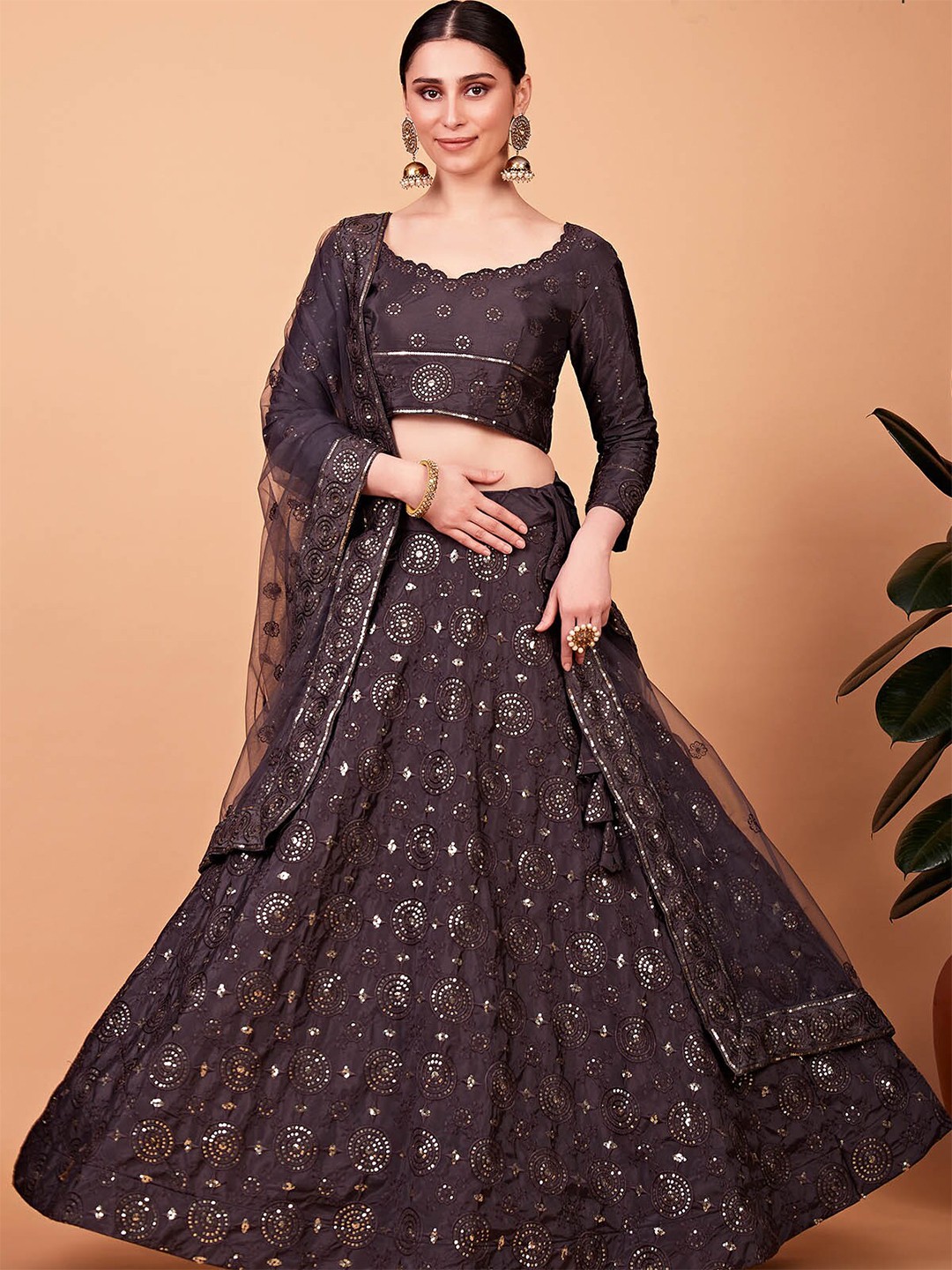 

ODETTE Embroidered Sequinned Semi-Stitched Lehenga & Blouse With Dupatta, Brown