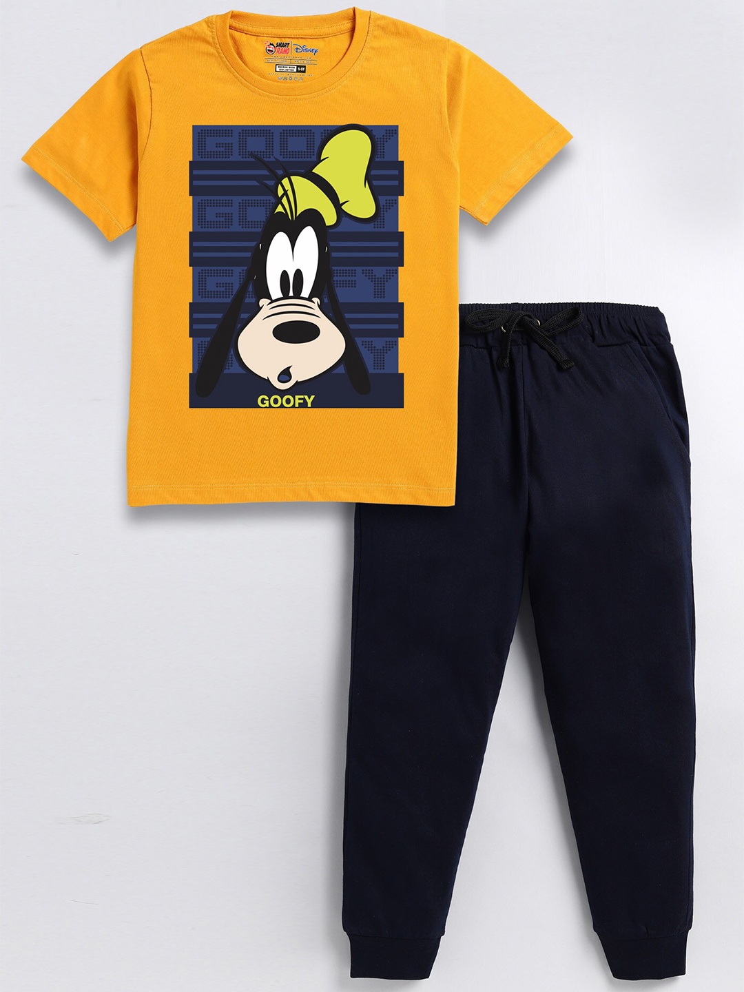 

SmartRAHO Boys Goofy Printed Pure Cotton T-shirt with Trousers, Mustard