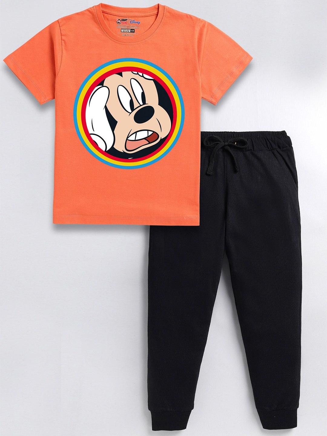 

SmartRAHO Boys Mickey Mouse Printed Pure Cotton T-shirt with Trousers, Orange