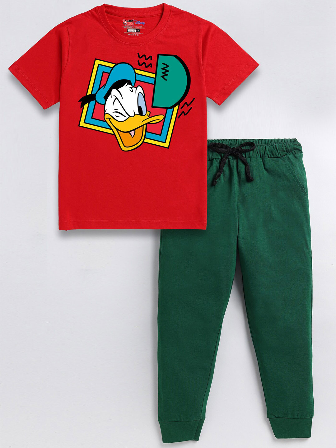 

SmartRAHO Boys Donald Duck Printed Pure Cotton T-shirt with Joggers Clothing Set, Red