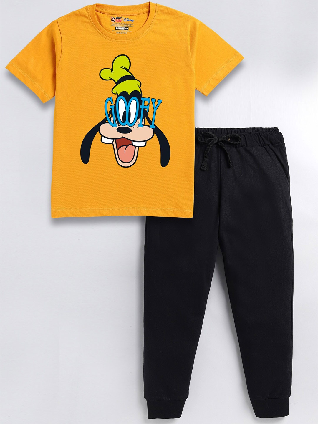 

SmartRAHO Boys Goofy Printed Pure Cotton T-shirt with Trousers, Mustard