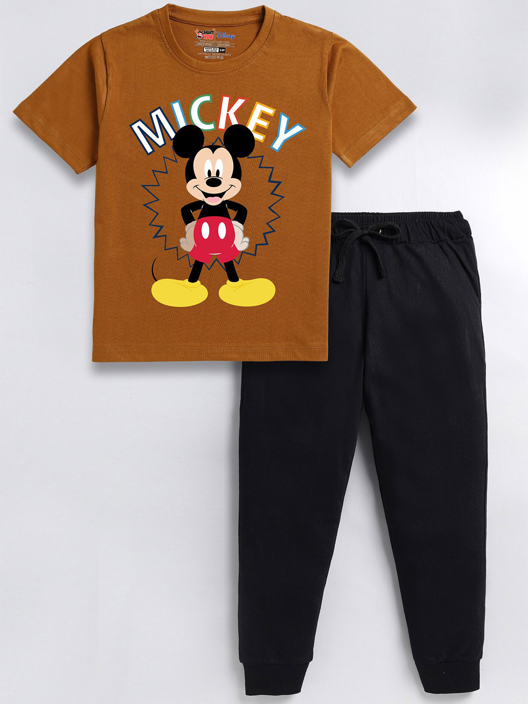 

SmartRAHO Boys Mickey Mouse Printed Pure Cotton T-shirt with Trousers, Brown