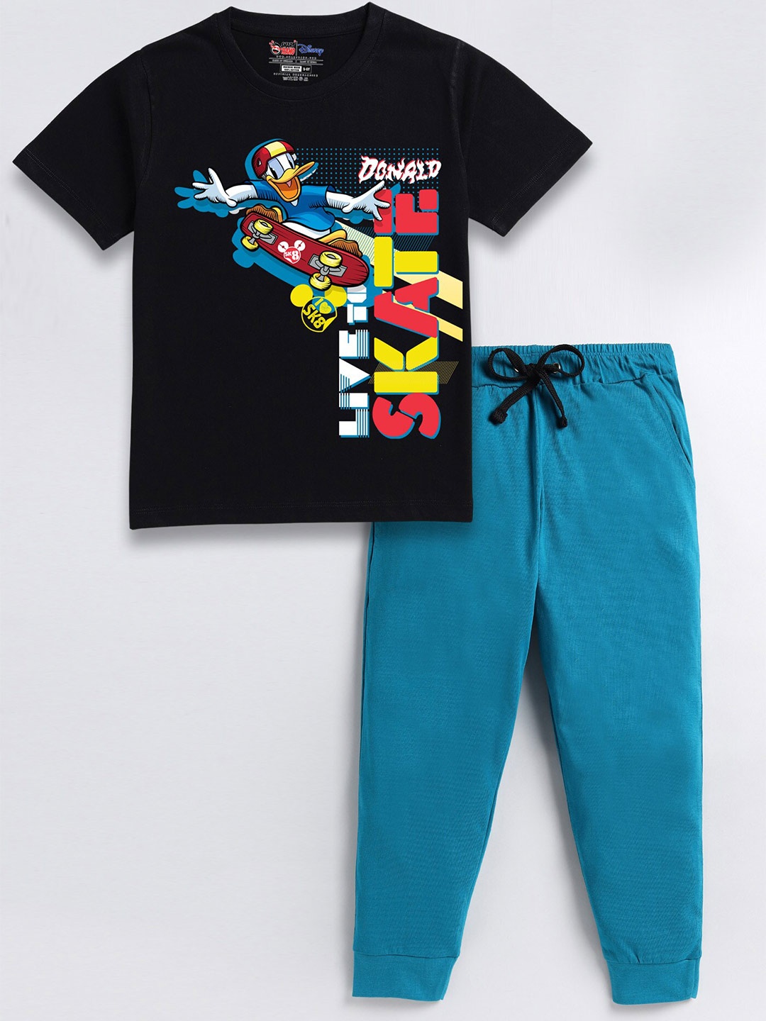 

SmartRAHO Boys Donald Duck Printed Pure Cotton T-shirt with Joggers, Black