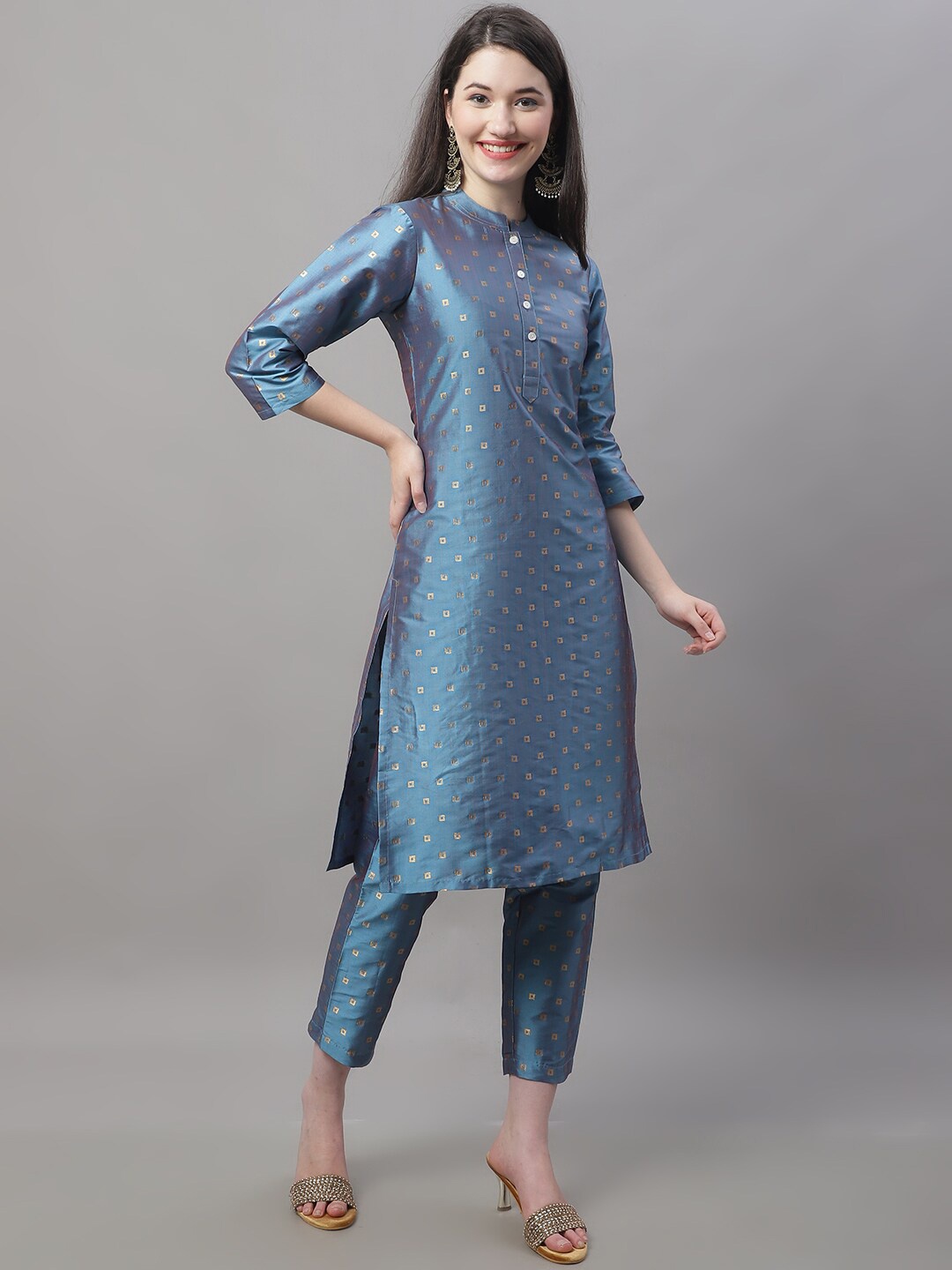 

Anouk Blue & Gold-Toned Woven Design Dupion Silk Kurta with Trousers