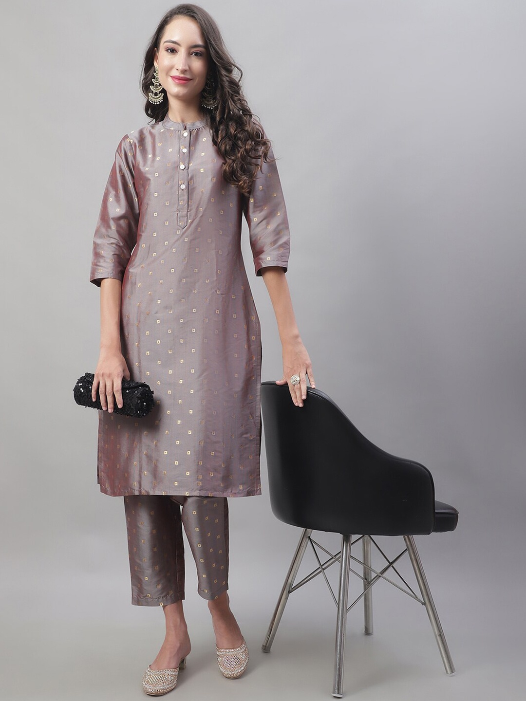 

Anouk Woven Design Mandarin Collar Dupion Silk Kurta with Trousers, Grey
