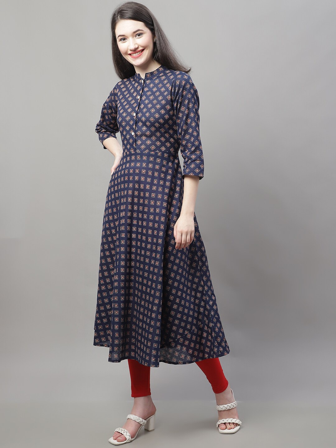

Anouk Navy Blue Ethnic Motifs Printed Mandarin Collar Anarkali Pure Cotton Kurta