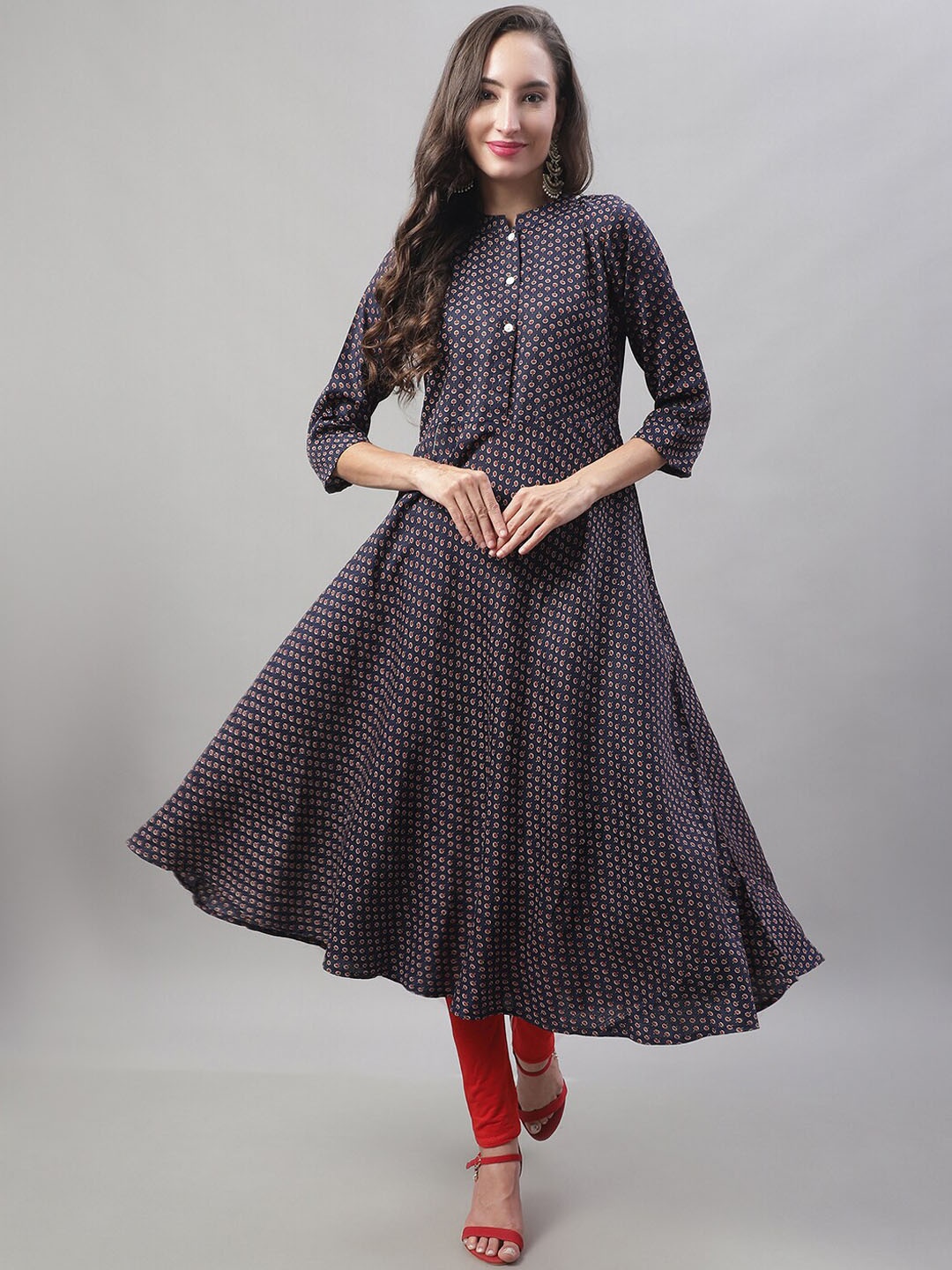 

Anouk Navy Blue & Red Mandarin Collar Ethnic Motifs Printed Anarkali Pure Cotton Kurta