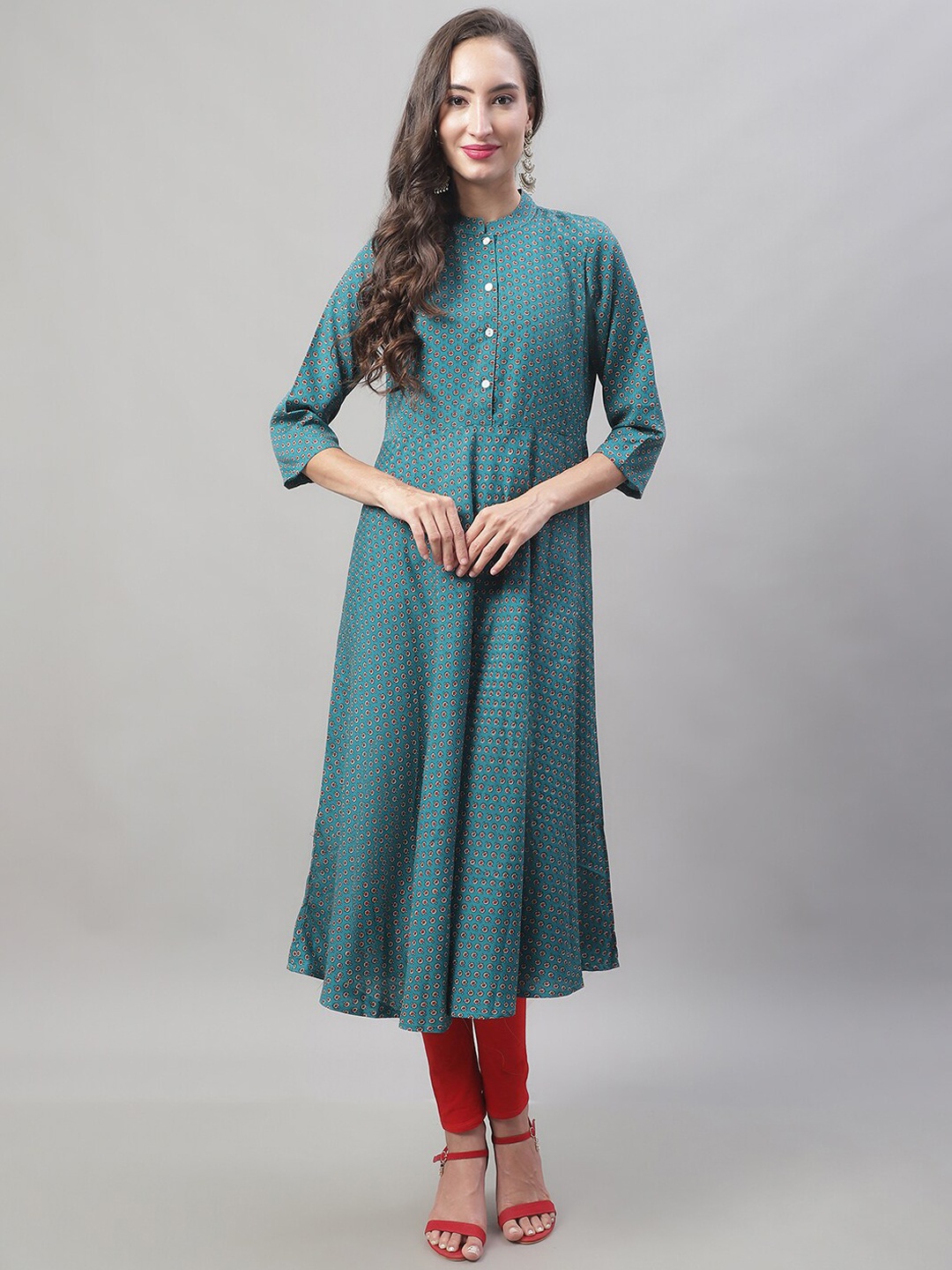 

Anouk Green & Red Mandarin Collar Ethnic Motifs Printed Anarkali Pure Cotton Kurta