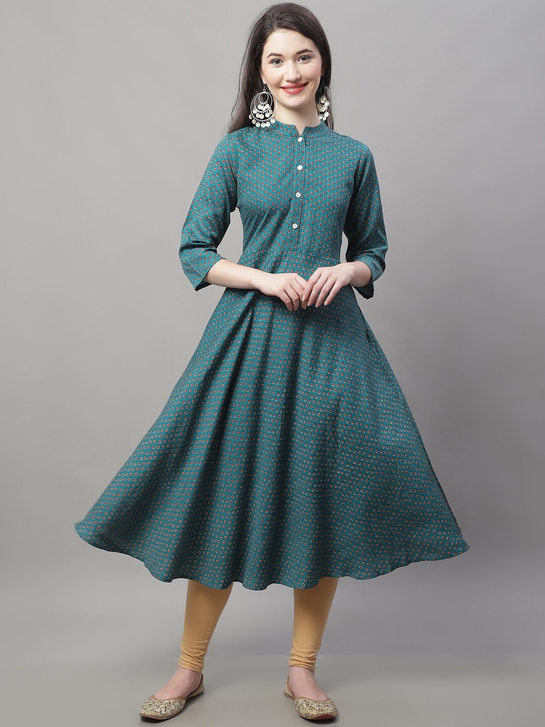 

Anouk Floral Printed Mandarin Collar Anarkali Pure Cotton Kurta, Teal