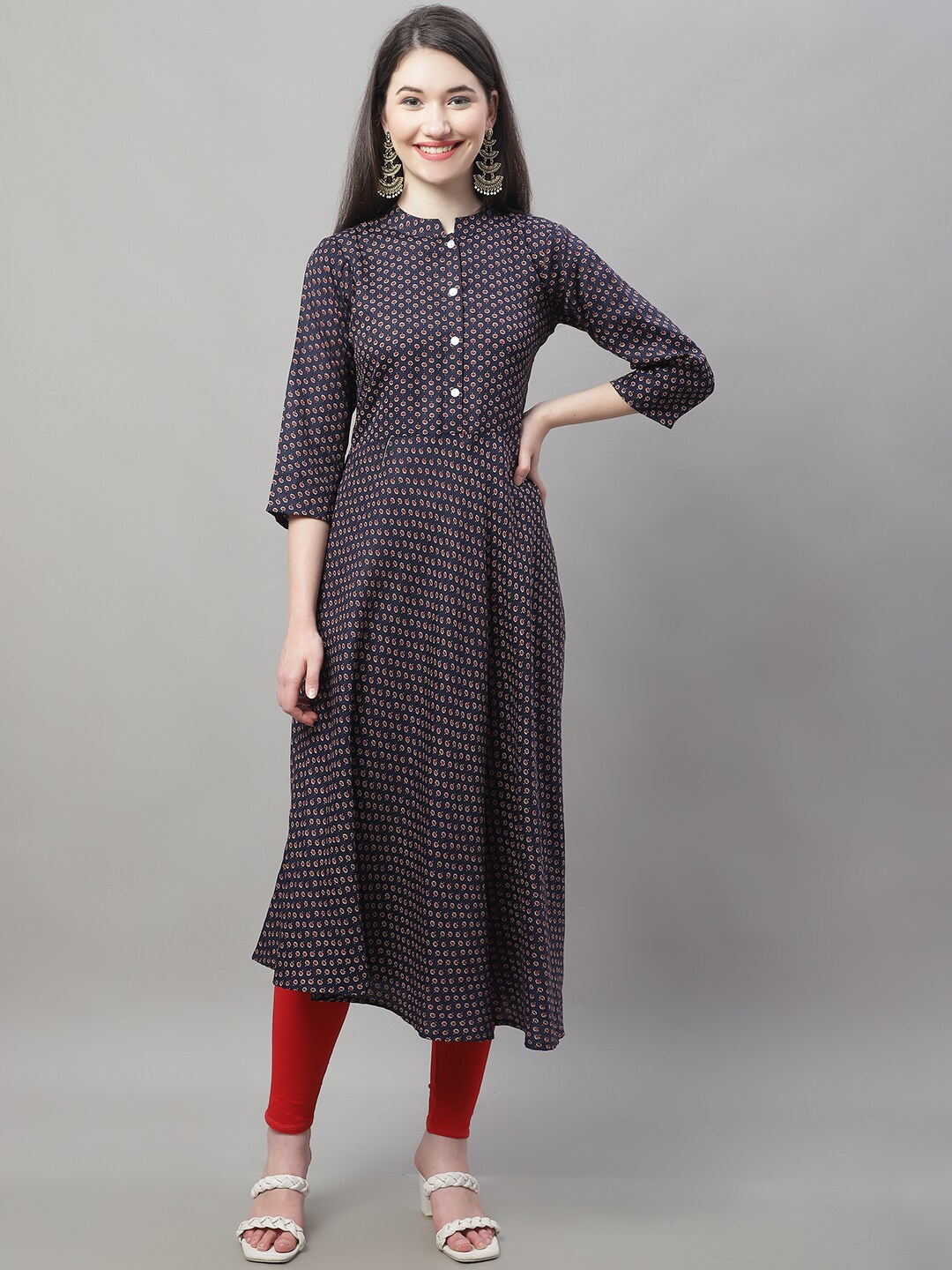 

Anouk Navy Blue & Red Ethnic Motifs Printed Mandarin Collar Anarkali Pure Cotton Kurta