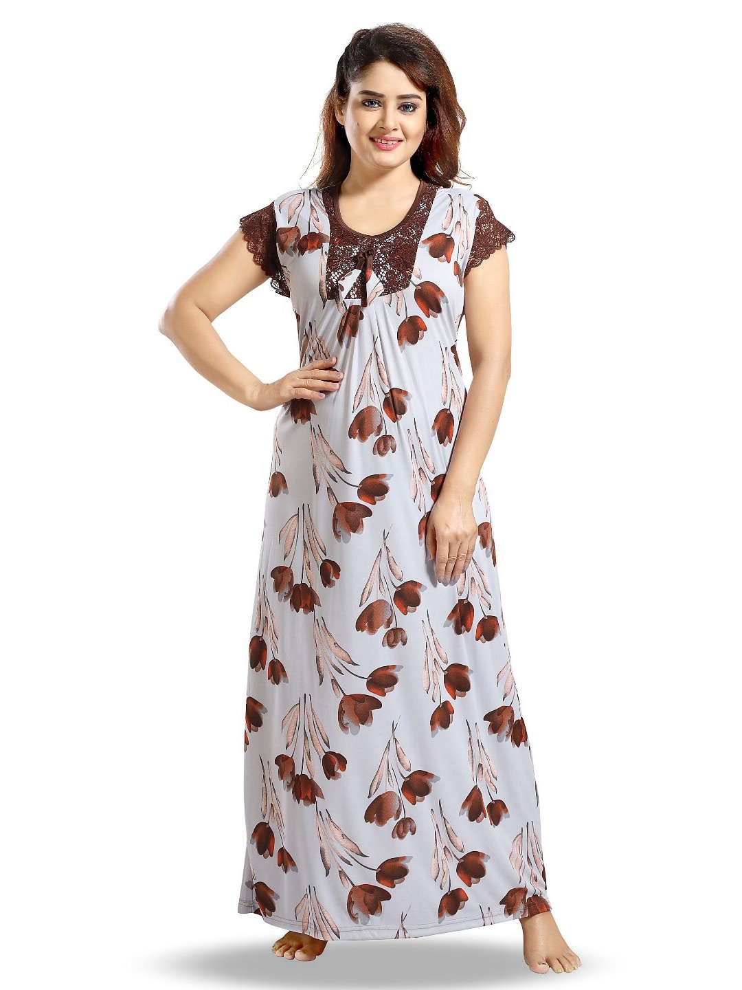 

SHOPPING STATION Floral Printed Satin Maxi Nightdress, Grey
