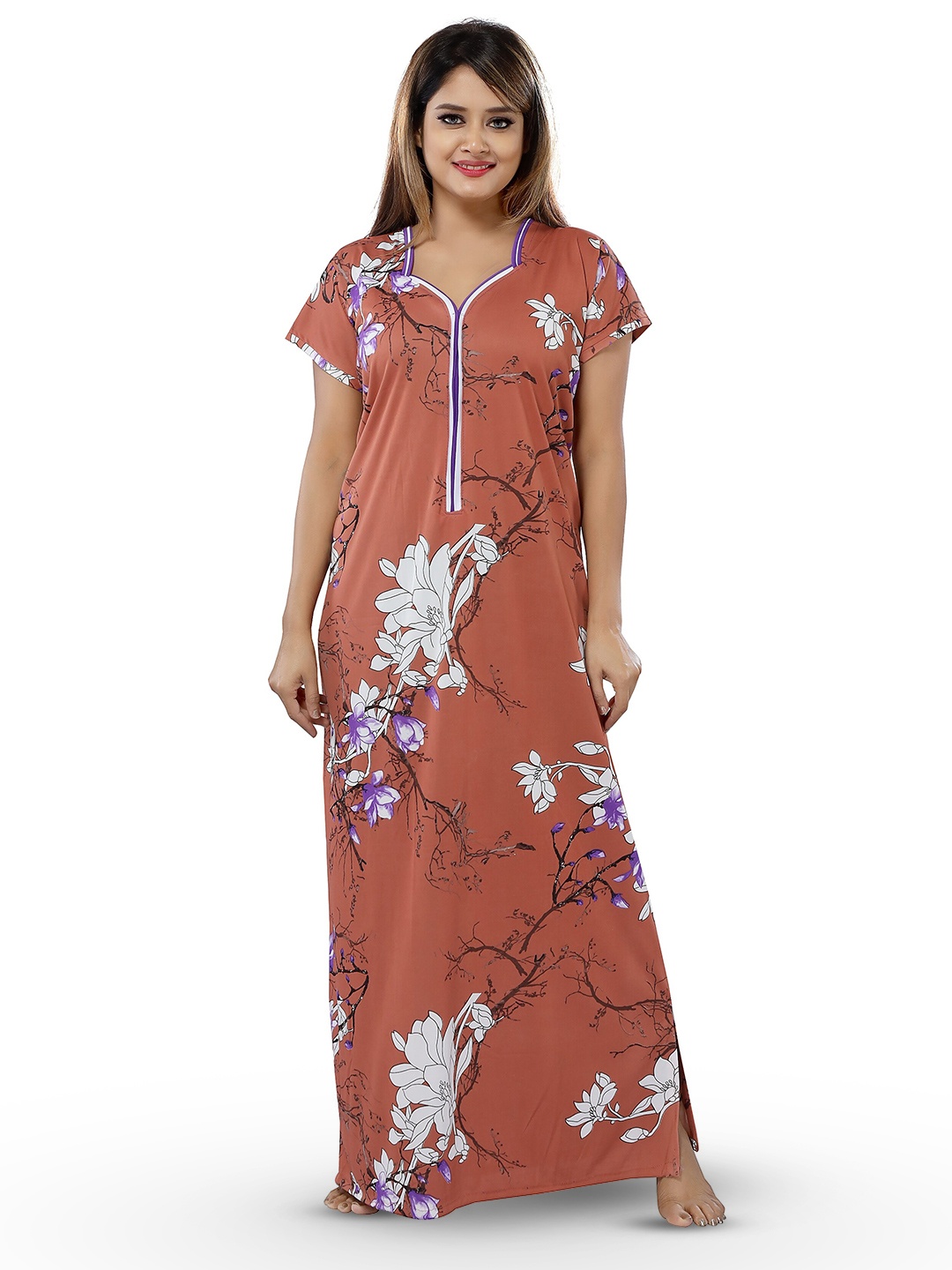 

SHOPPING STATION Floral Printed Satin Maxi Nightdress, Brown