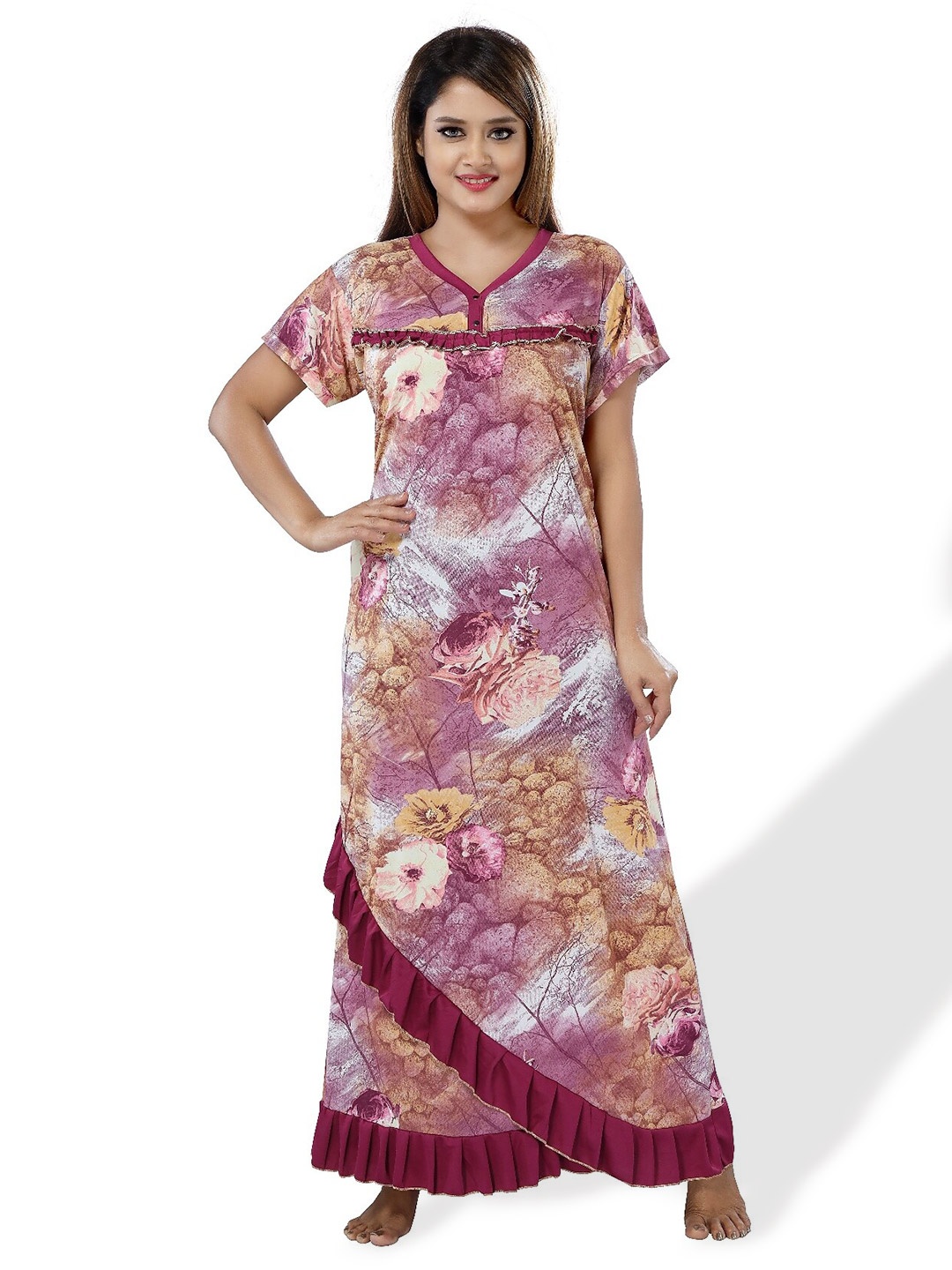 

SHOPPING STATION Floral Printed Satin Maxi Nightdress, Maroon