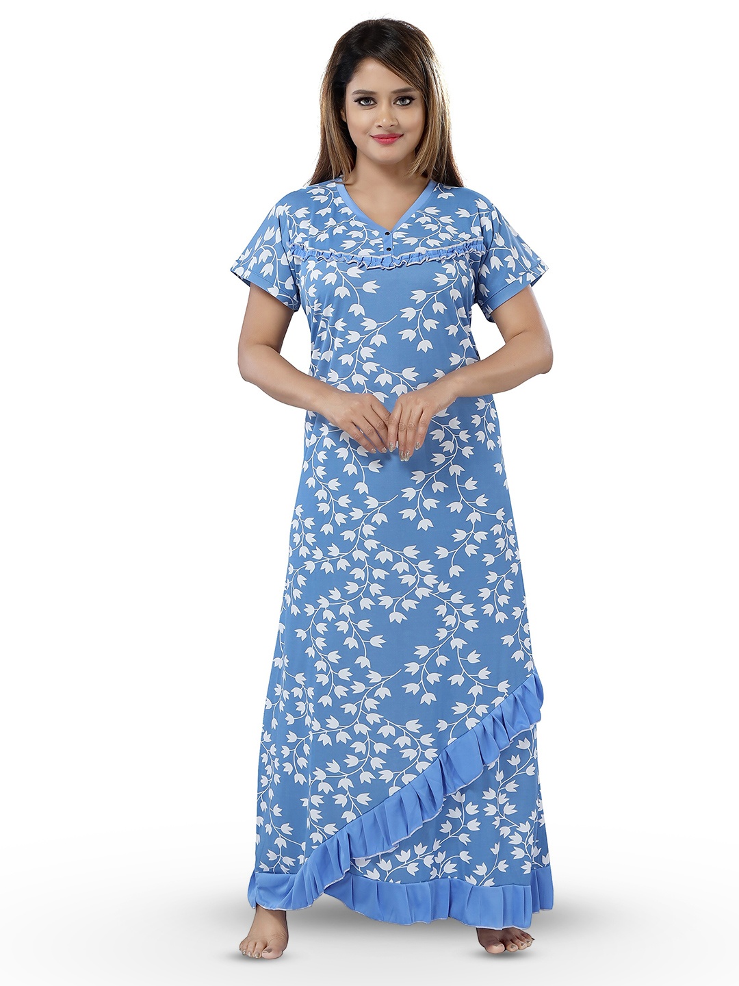 

SHOPPING STATION Floral Printed Satin Maxi Nightdress, Blue