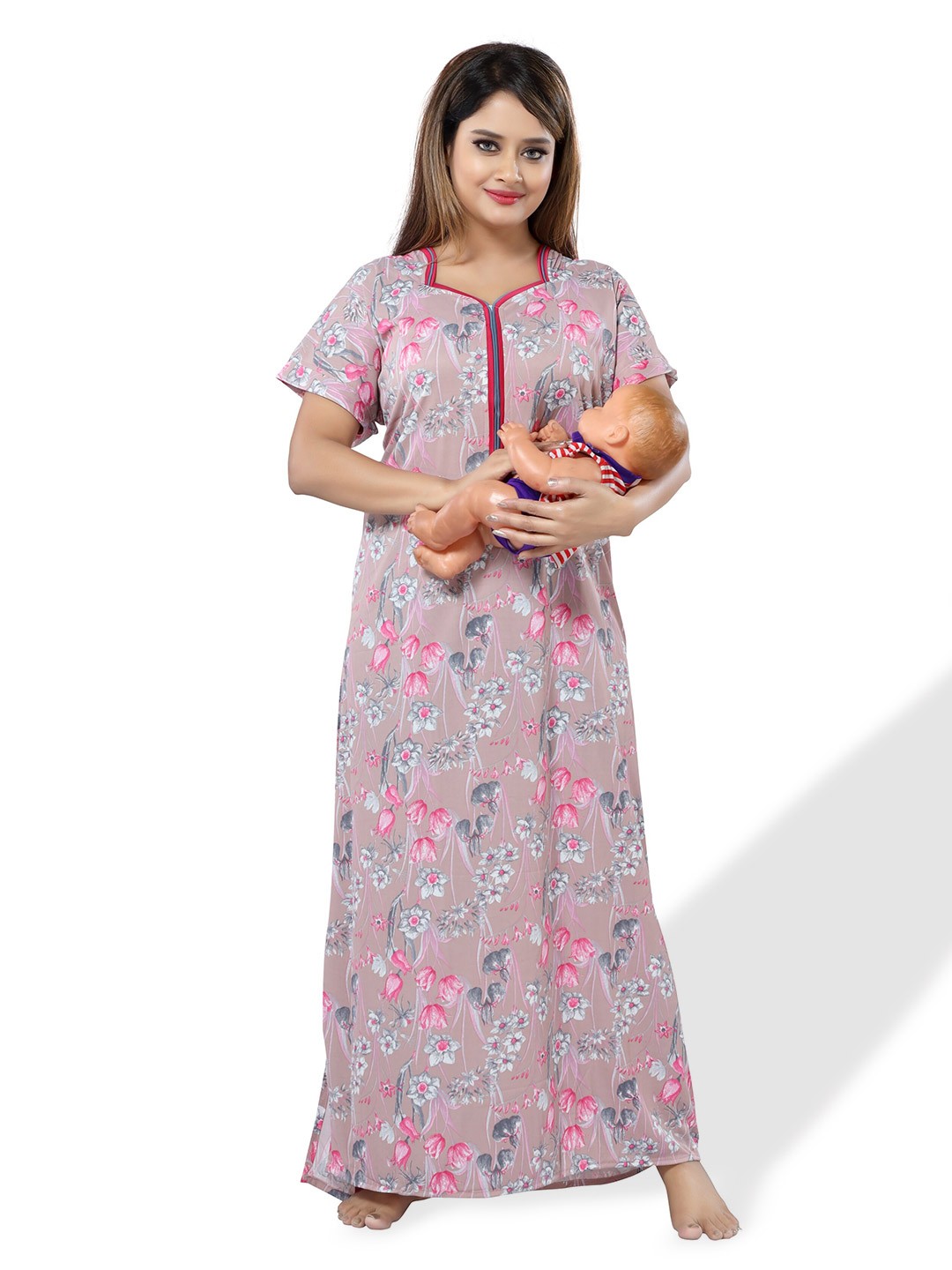 

SHOPPING STATION Floral Printed Satin Maxi Nightdress, Grey