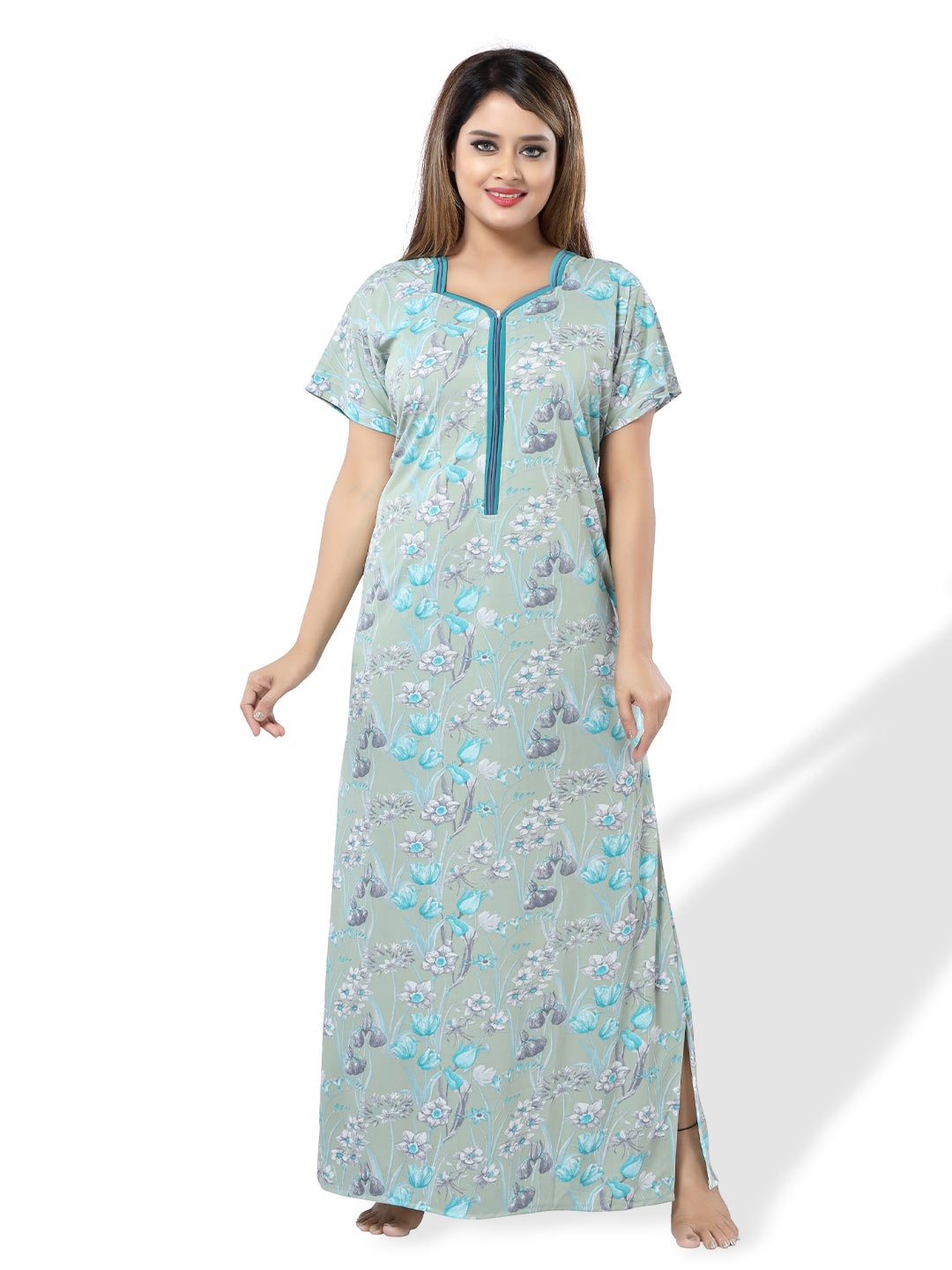 

SHOPPING STATION Floral Printed Satin Maxi Nightdress, Green