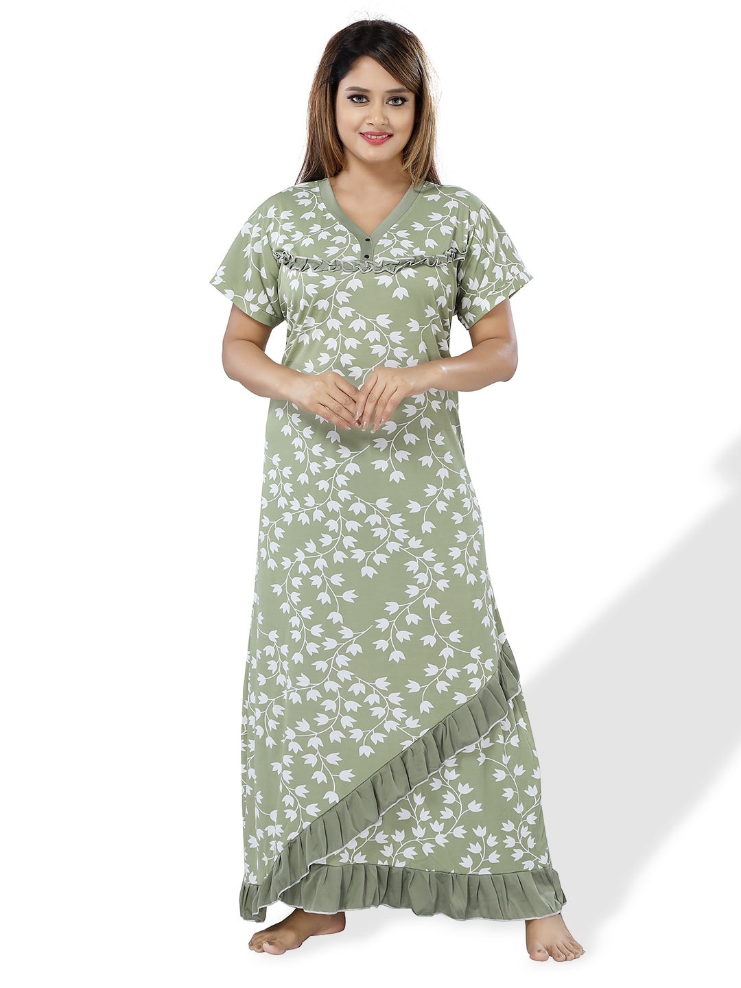 

SHOPPING STATION Floral Printed Satin Maxi Nightdress, Green