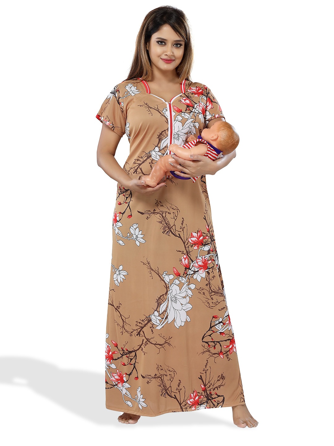 

SHOPPING STATION Floral Printed Satin Maternity Maxi Nightdress, Brown