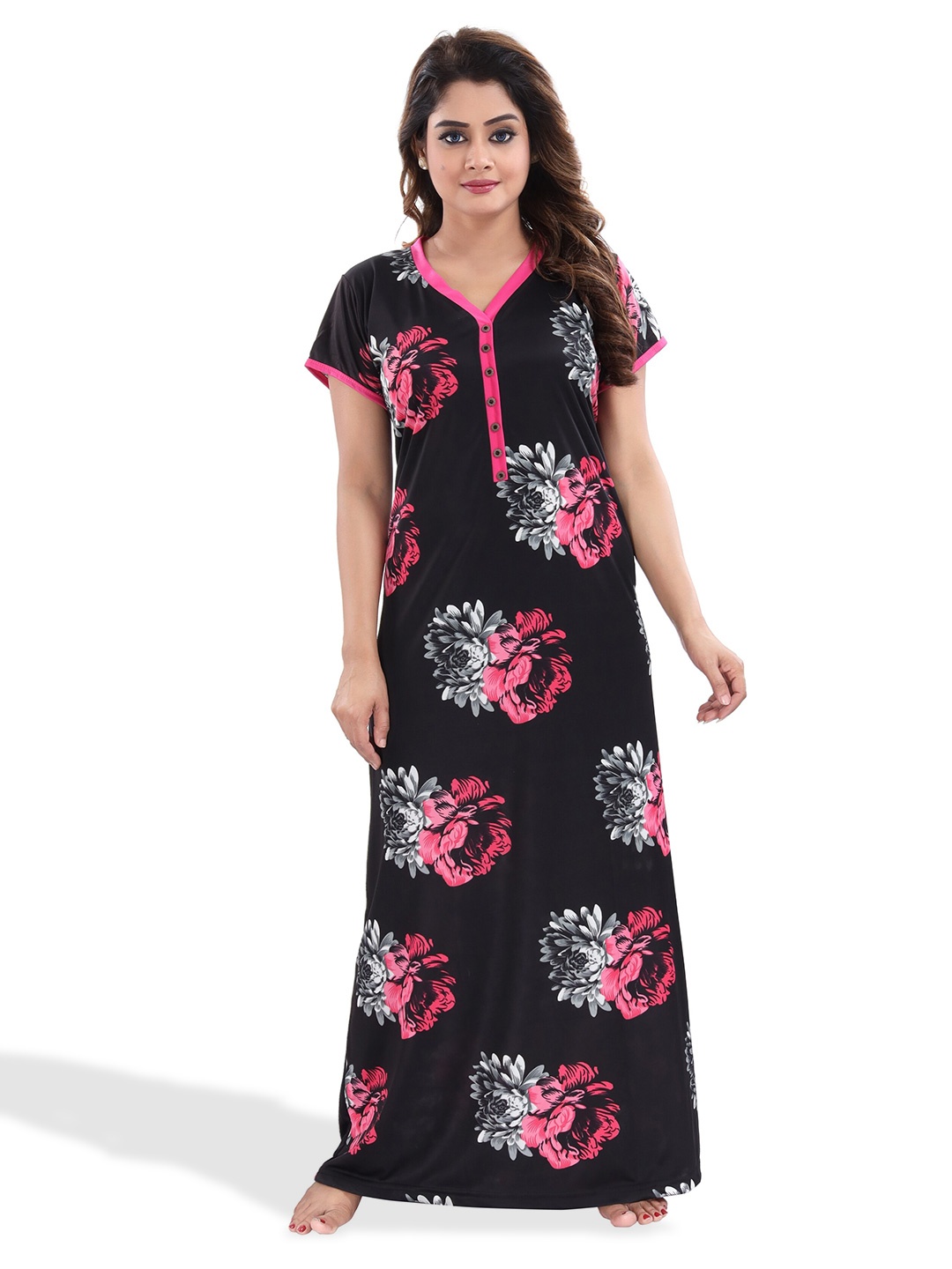 SHOPPING STATION Floral Printed Satin Maxi Nightdress, Black