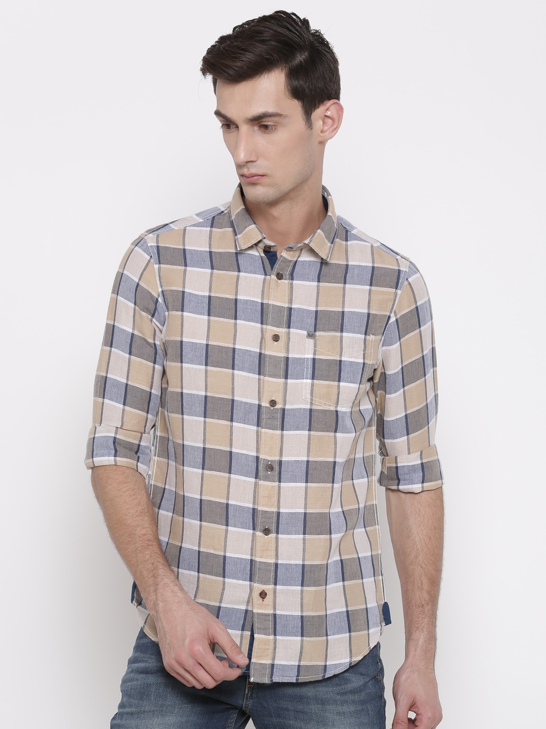 

Arrow Blue Jean Co. Men Beige & Navy Blue Slim Fit Checked Casual Sustainable Shirts