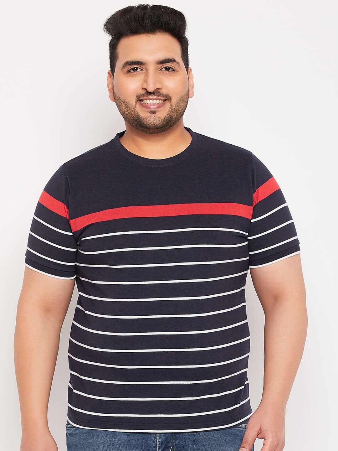

AUSTIVO Plus Size Striped Polo Collar Pure Cotton T-shirt, Navy blue