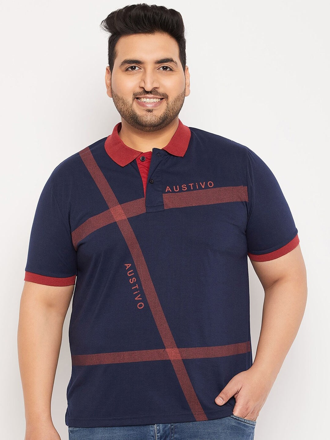 

AUSTIVO Plus Size Striped Polo Collar Pure Cotton T-shirt, Navy blue