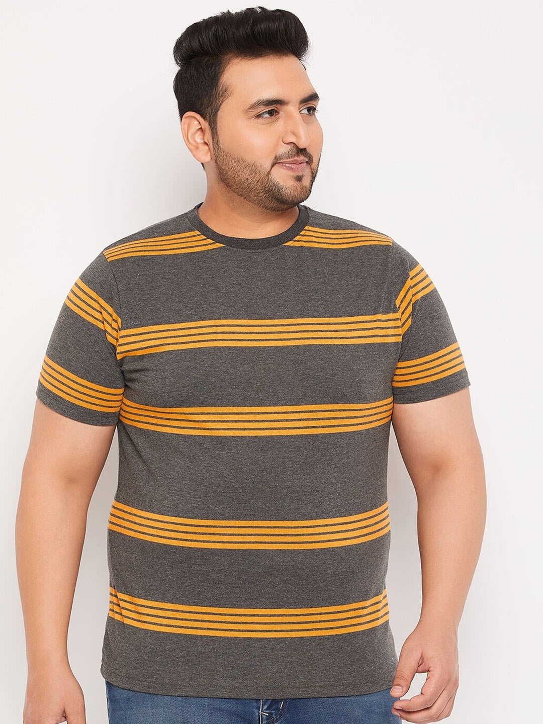 

AUSTIVO Plus Size Striped Polo Collar Pure Cotton T-shirt, Charcoal