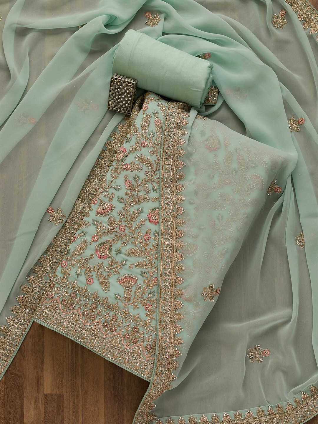 

Koskii Floral Zari Embroidered Unstitched Dress Material, Green
