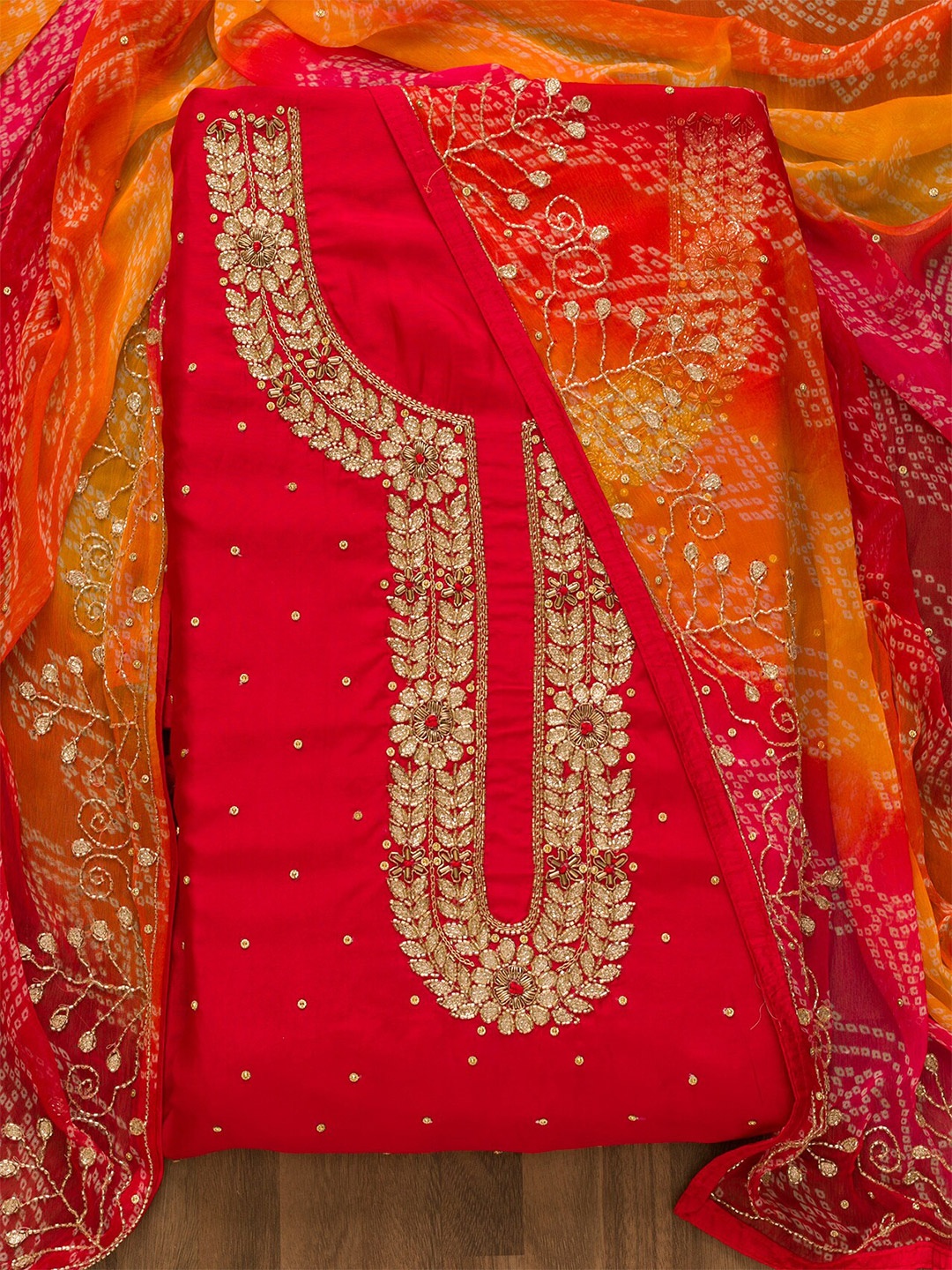 

Koskii Ethnic Motifs Zardozi Embroidered Unstitched Dress Material, Red