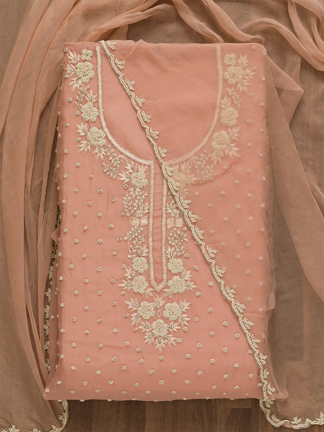 

Koskii Embellished Unstitched Dress Material, Peach