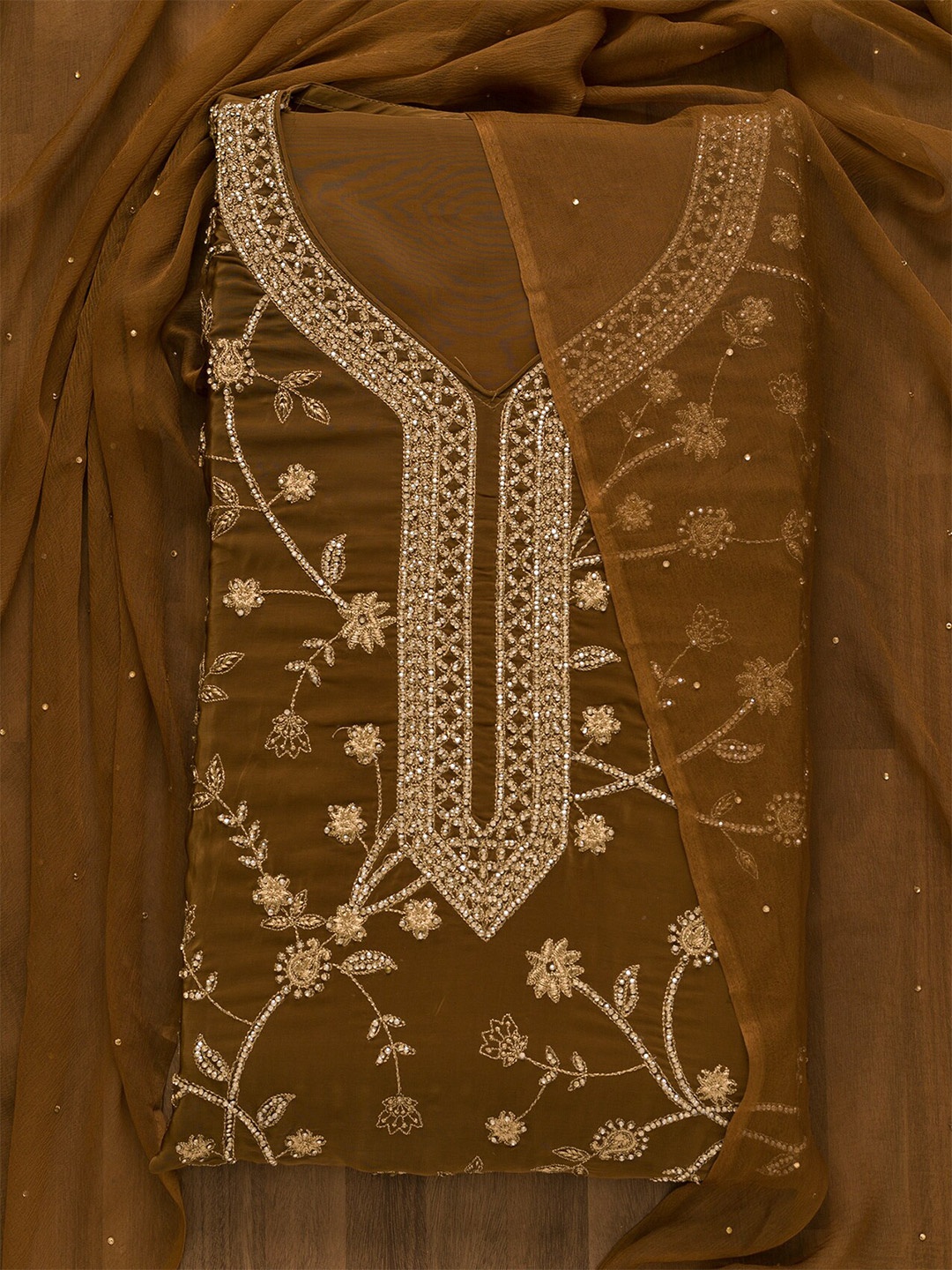 

Koskii Embroidered Unstitched Dress Material, Brown
