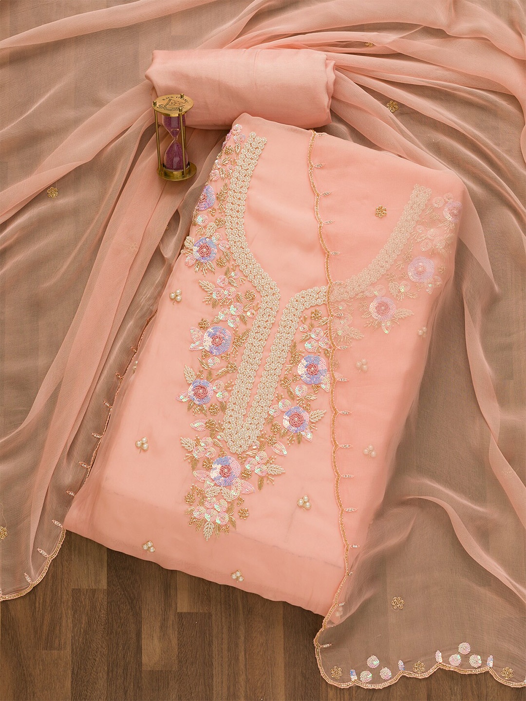 

Koskii Embellished Unstitched Dress Material, Peach
