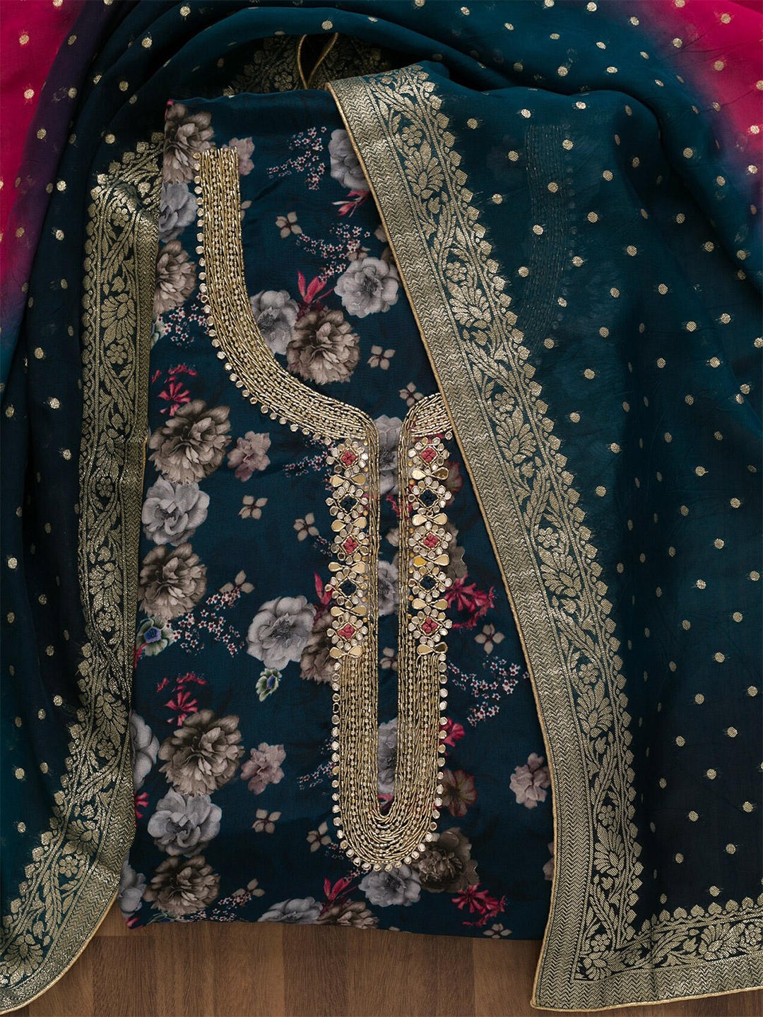 

Koskii Floral Printed Zardosi Work Semi-Stitched Dress Material, Teal