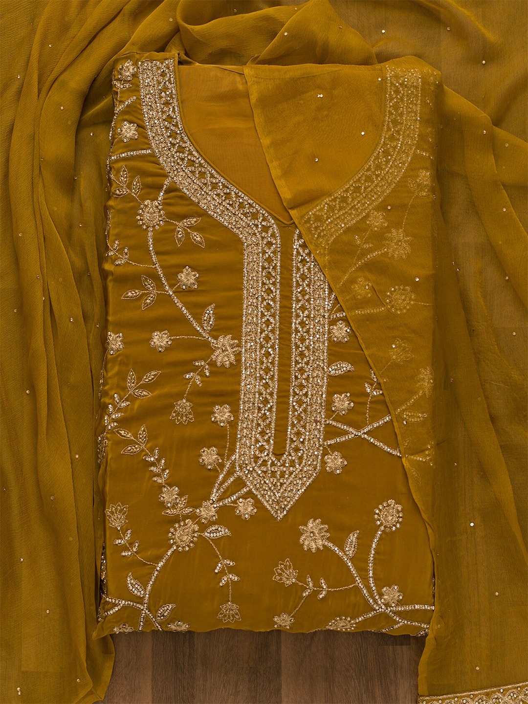 

Koskii Embroidered Unstitched Dress Material, Mustard