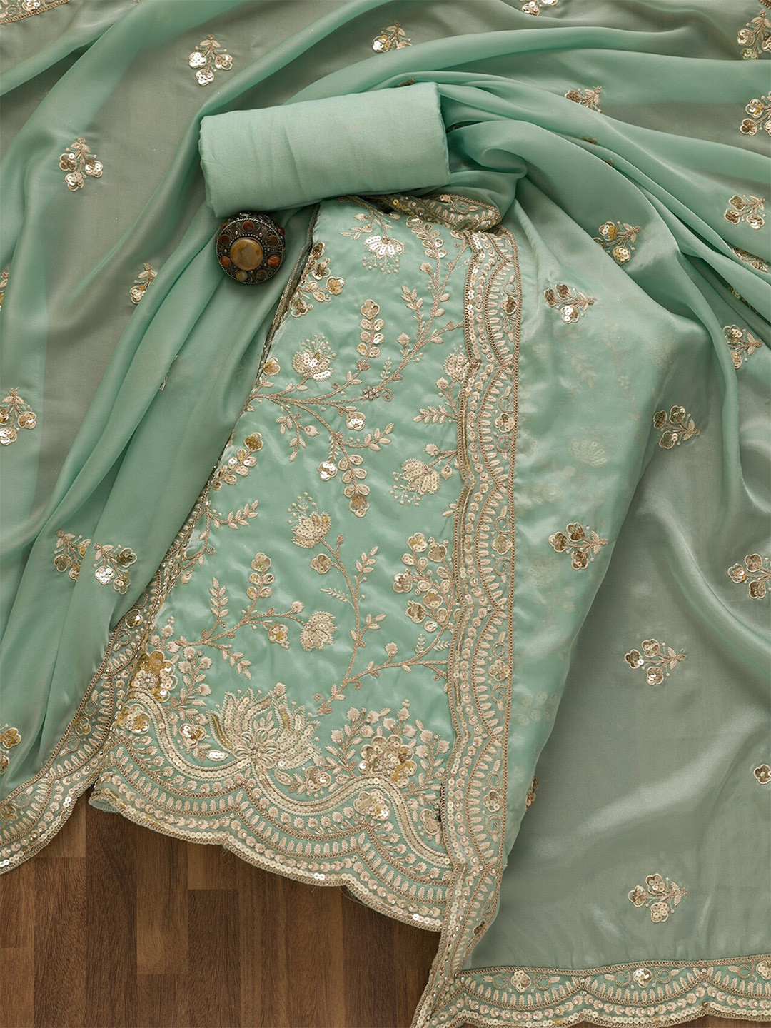 

Koskii Embellished Unstitched Dress Material, Green